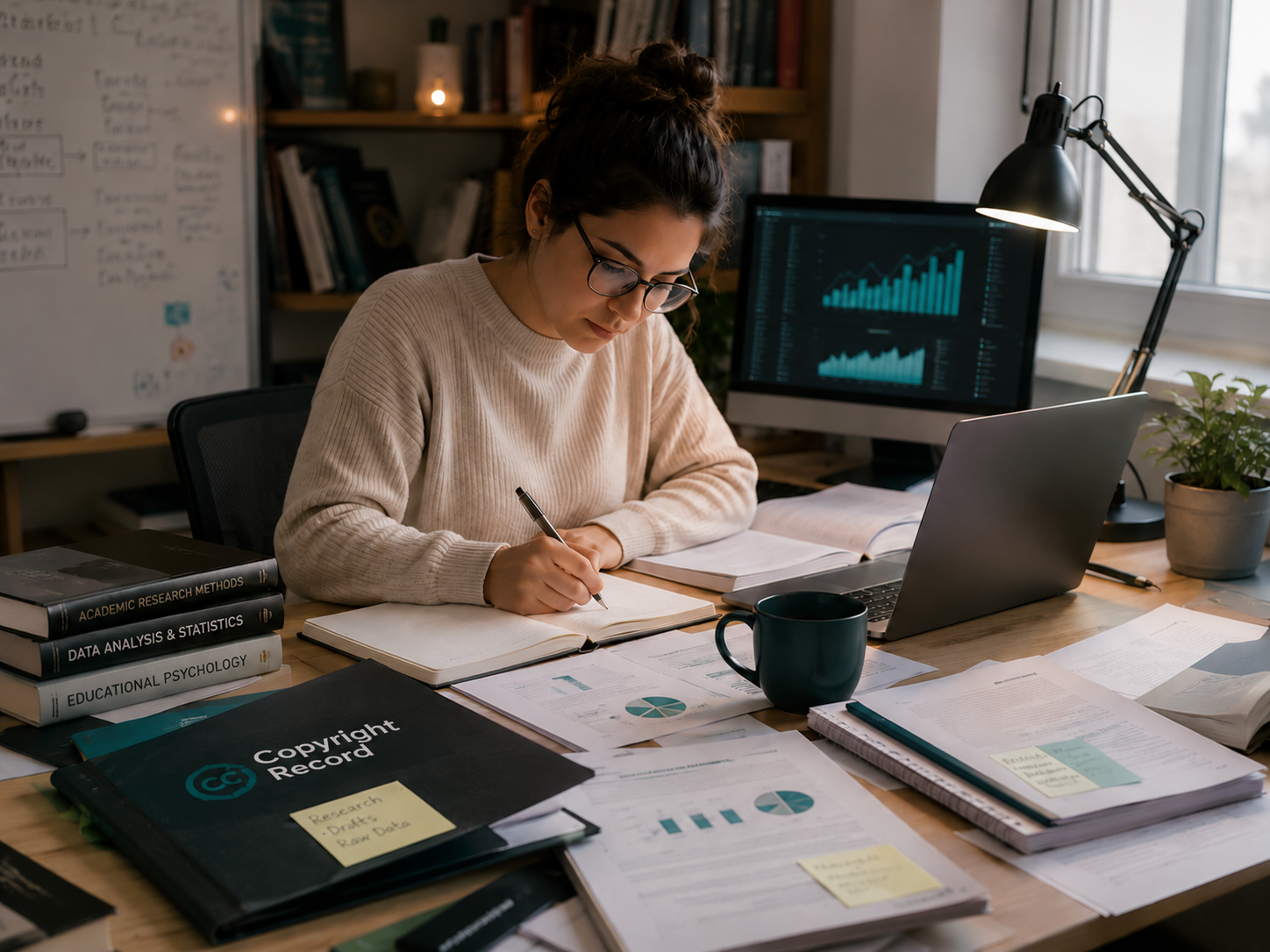 A researcher writing at a desk, with Copyright Record printed on a folder.