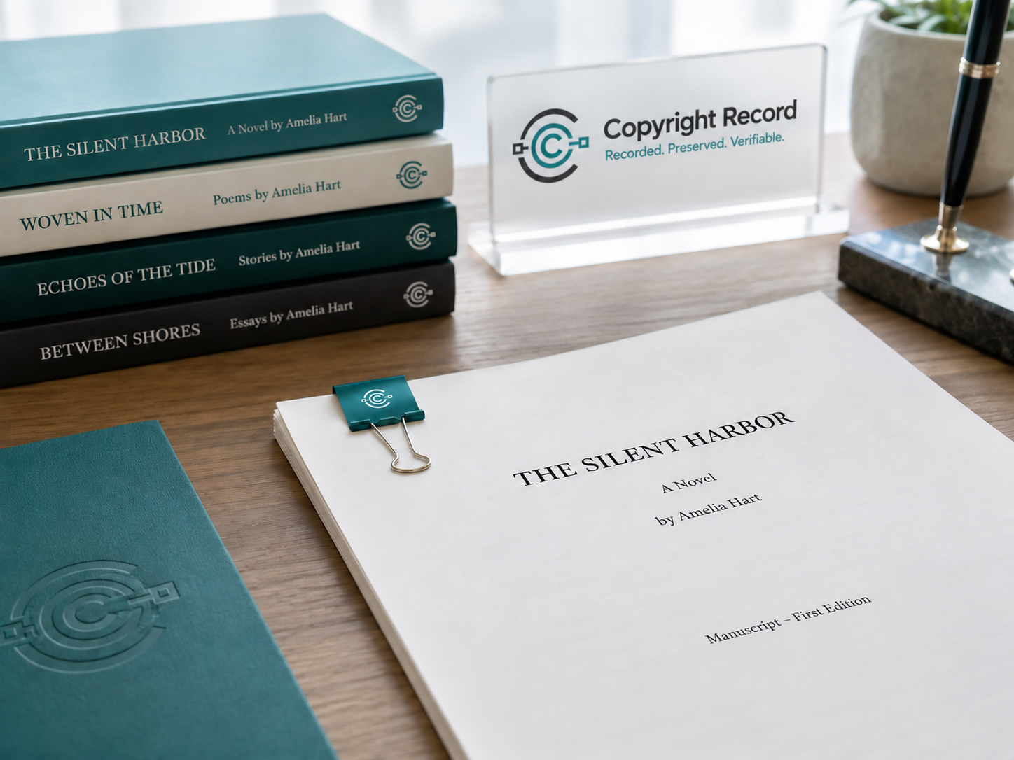 A writer’s work and an acrylic plaque bearing Copyright Record and Recorded. Preserved. Verifiable.
