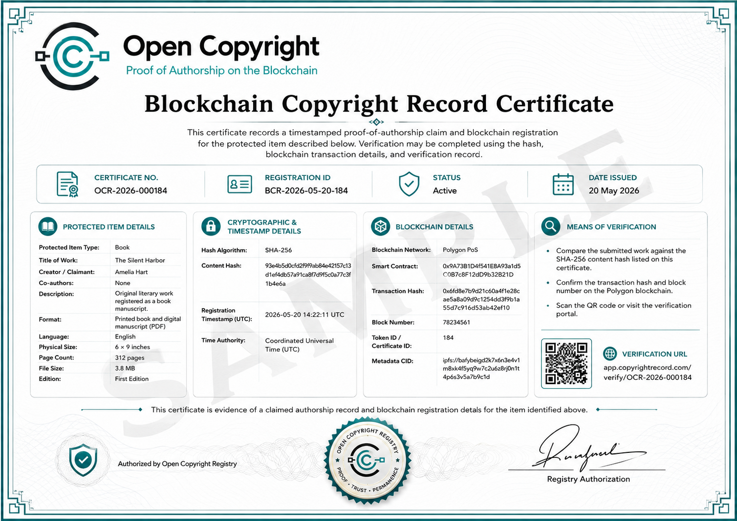 Illustrative sample Open Copyright record certificate, not an issued record